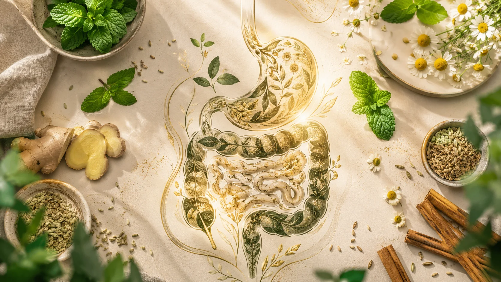 تصویر مفهومی نفخ شکم و دمنوشهای گیاهی برای کاهش سنگینی معده