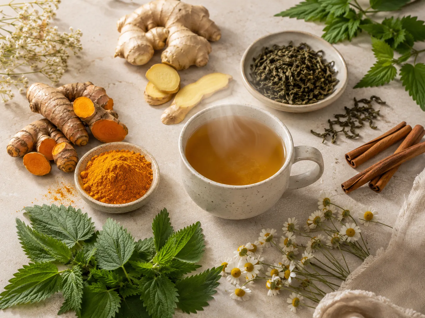گیاهان مناسب برای دمنوش ضد التهاب مفاصل شامل زردچوبه، زنجبیل، چای سبز و گزنه