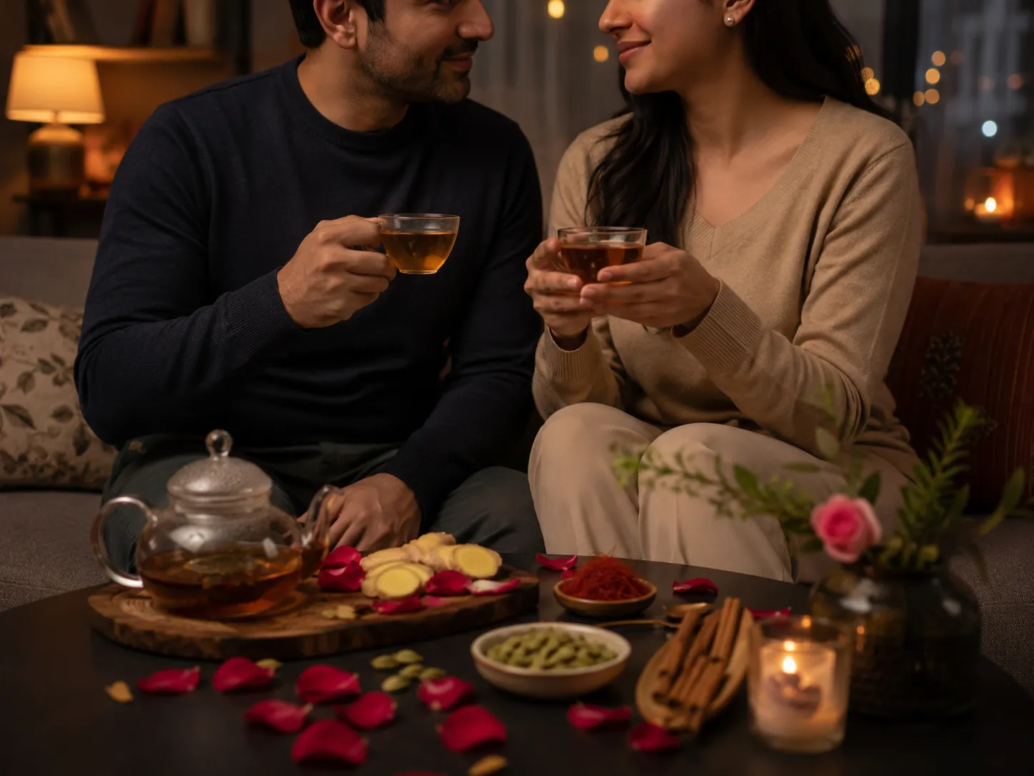 نوشیدن دمنوش گیاهی در فضای صمیمی و آرام برای بهبود حال رابطه