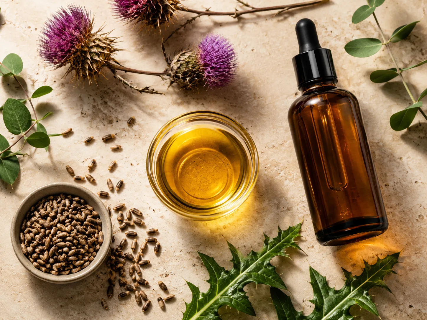 روغن دانه خارمریم طبیعی همراه با دانه و گل گیاه خارمریم
