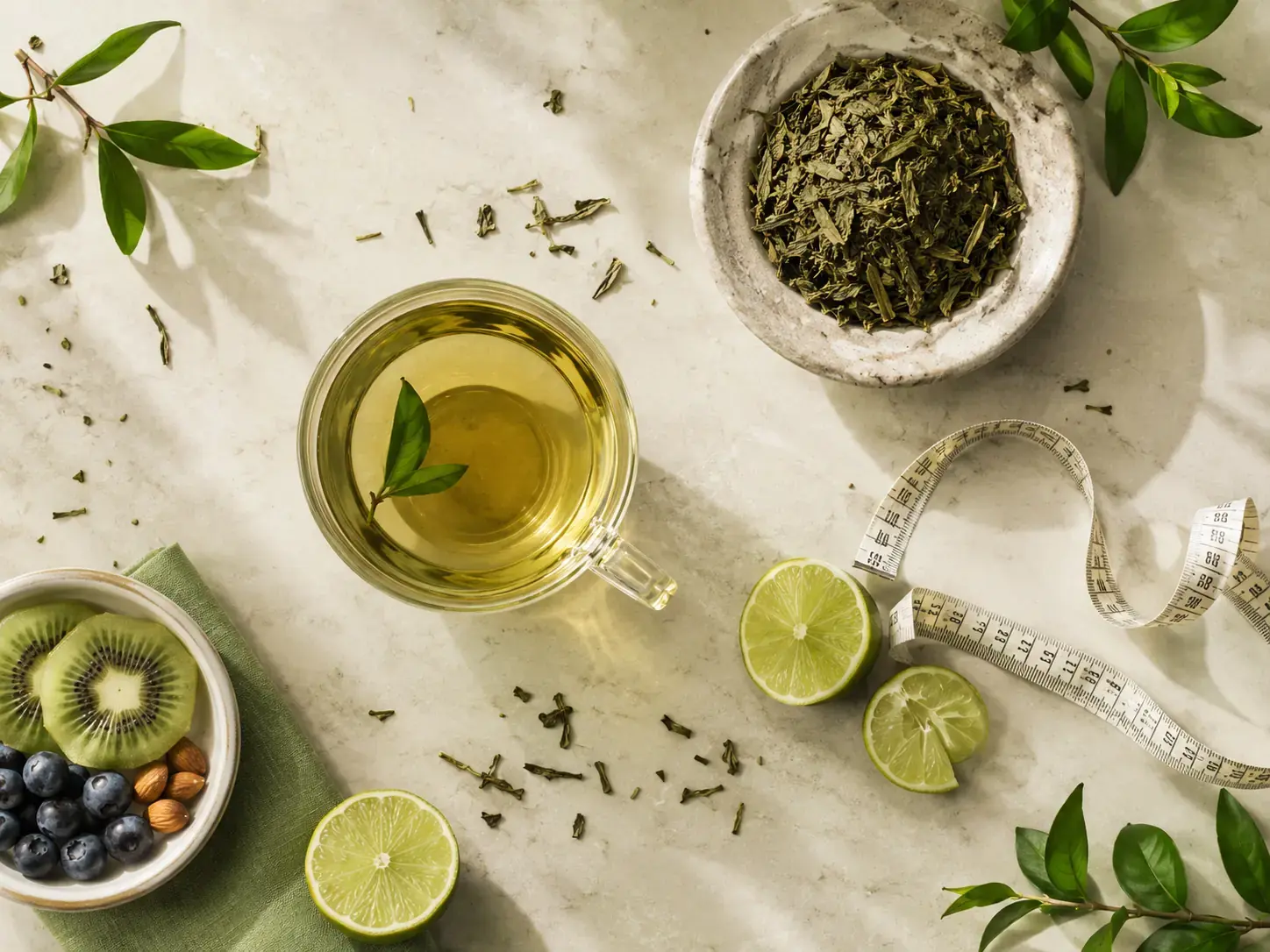 چای سبز برای لاغری و مدیریت وزن چای سبز برای لاغری همراه با برگ چای سبز، متر اندازهگیری و خوراکیهای سالم